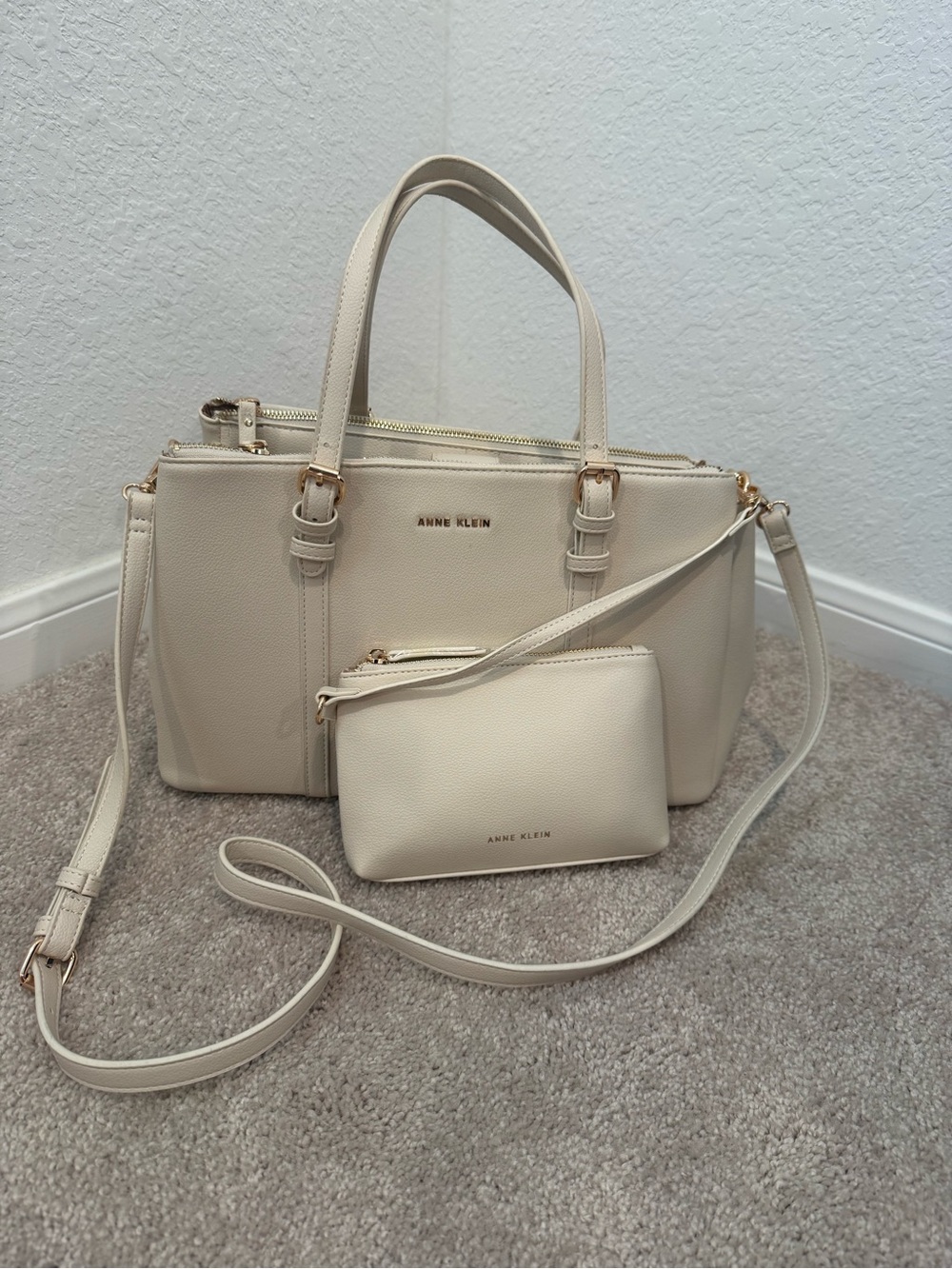 Anne Klein Cream Tote with Removable Pouch and Crossbody Strap